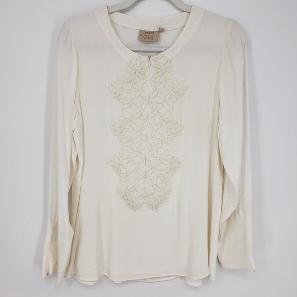 Rungolee Embellished Floral Applique Silk Blouse Top S Womens Long Sleeve‎ Cream - Picture 1 of 10